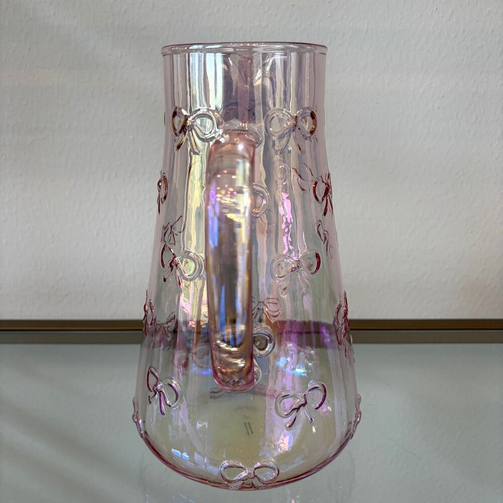 BellaLux Embossed Bow PINK Luster Glass Pitcher 9.25in Chic Barware NEW - Picture 10 of 11